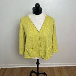 Eileen Fisher Cotton Linen Yellow Button Front Classic Cardigan with Pockets Siz